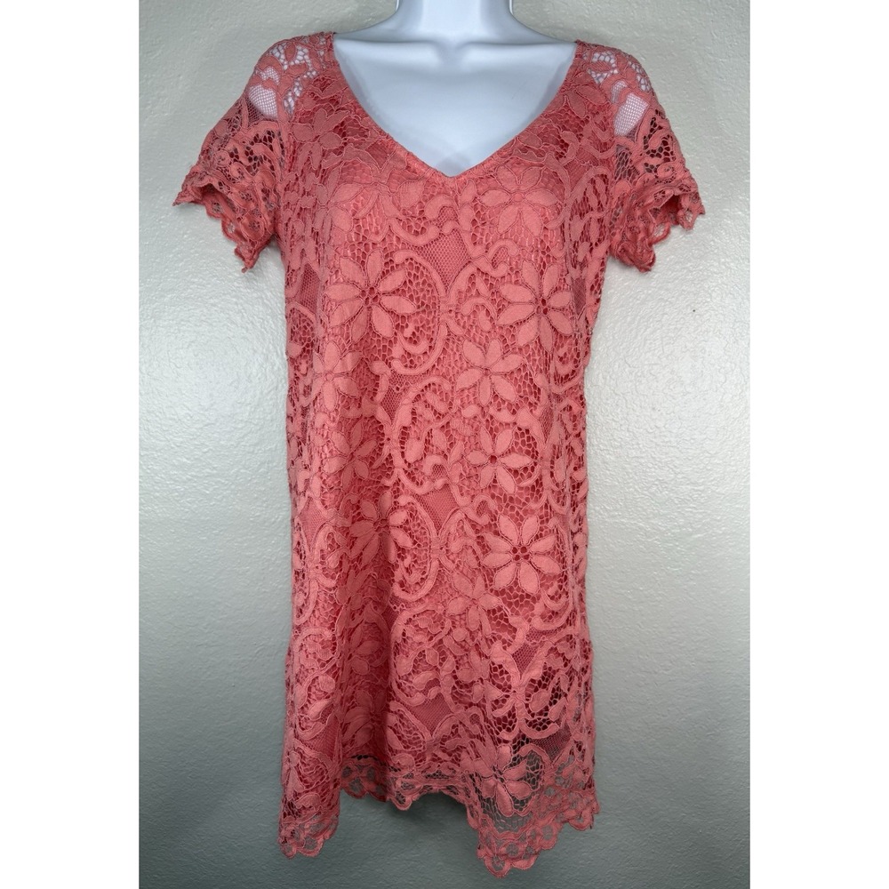 BB Dakota Women's Short Coral Pink Scallop Lace Shift Dress Size XS